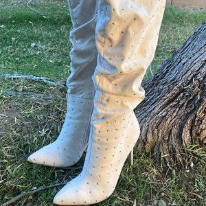 Faux Suede, Knee-High, Rhinestone, Slouchy, Cream, Heeled Boots